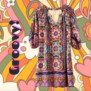 Pink Owl | multicolor geometric print dress